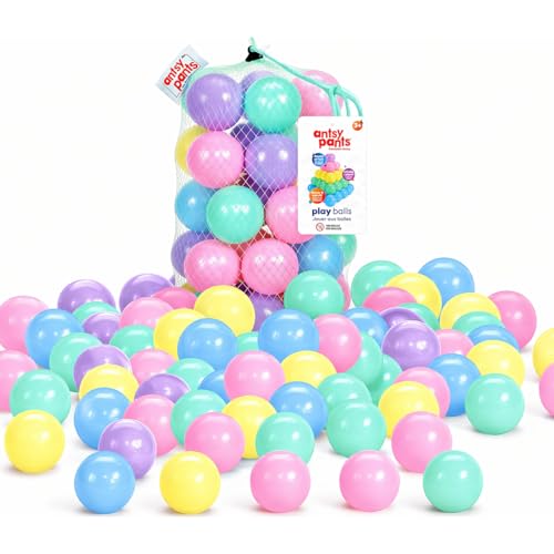 Image of Antsy Pants 100 Ball Pit Balls, Ball Pit for Toddlers 1-3, Non-Toxic Materials, Lightweight, 5 Pastel Colors, Reusable Storage Bag, Plastic Balls for Ball Pit, Sensory Toys for Kids