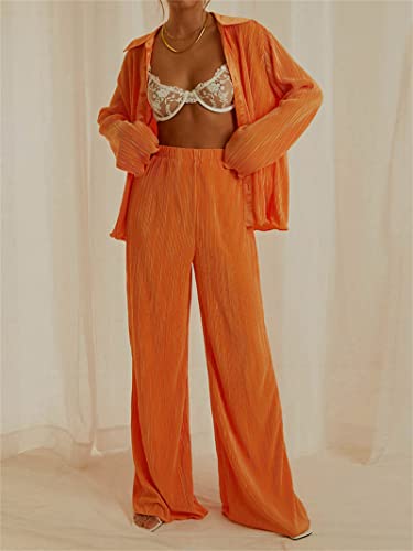 Miqil Women Pleated 2 Piece Pants Outfits Casual Loose Long Sleeve Button Blouse Top High Waist Palazzo Pants Set Loungewear #TOP2