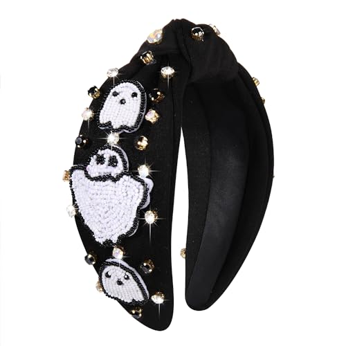 CEALXHENY Halloween Headbands for Women Halloween Accessories Beaded Boo Trick or Treat Knotted Headband Embellished Rhinestone Pearl Top Knot Headbands Costume Party Hair Accessory (Ghost 2)