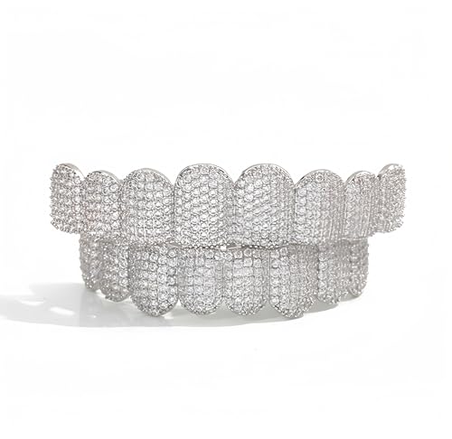 Diamond Grillz for Men 8-Tooth Micro-Paved Zircon Full Coverage Iced Out Luxury Statement Hip Hop Party Nightclub Performance (a set of silver)
