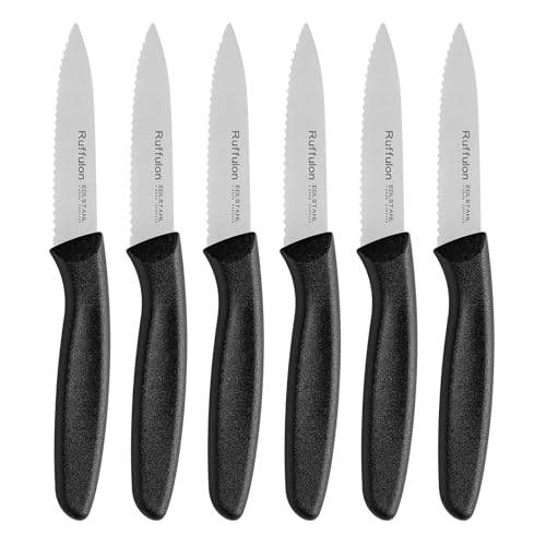 Ruffulon Stainless Steel Paring Knife With Serrated Blade, 6 Pieces Set Vegetable and Fruit Knife, Ultra Sharp Small Kitchen Knife, Black Paring Knifves with PP Plastic Ergonomic Handle.