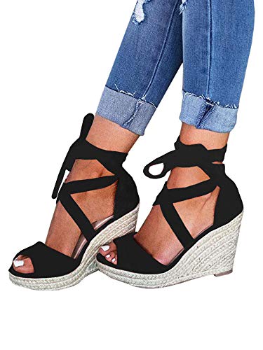 Image of SERAIH Womens Lace up Espadrilles Platform Wedges Sandals Heels Tie Ankle Strap Summer Dress Shoes