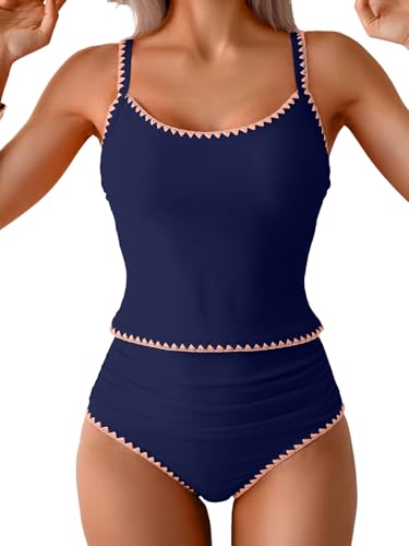 Image of Eomenie Tankini Swimsuit for Women Tummy Control Ruched Two Piece Bathing Suits High Waisted Shell Stitch Swimwear