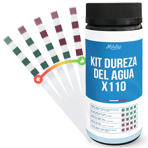 MILYTEC 110 Tiras Reactivas de Dureza del Agua – Kit de Análisis de Agua Potable – Medidor de Cal para Descalcificador, Acuario, Piscina – Medición Fácil con Tiras Precisas – °f (FR), °dH (DE), ppm