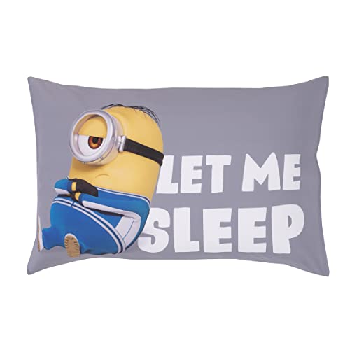 Image of Illimuniation Lazy Minions Club Gray, Blue, Yellow, and White Let Me Sleep 4 Piece Toddler Bed Set - Comforter, Fitted Bottom Sheet, Flat Top Sheet, and Reversible Pillowcase
