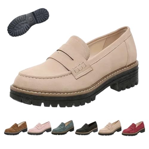 Womens Loafers Shoes Platform Chunky Suede Loafer Orthopedic Platform Chunky Loafers Shoes Comfortable Slip-On Sole Work (Beige,