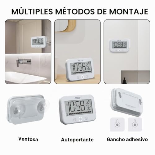 Miniatura 3 de Aleenfoon Reloj De Baño Digital, Ip54 Impermeable Reloj De Ducha Con Temperatura Y Humedad, Temporizador De Cuenta Regresiva De 99 Minutos Con Alarma, Temporizador Con 2 Ganchos Adhesivos Y 2 Ventosas