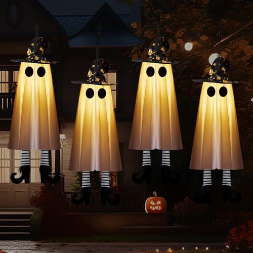 Halloween Decorations Outdoor Indoor, 4pcs Hanging Ghost Decor with Light,