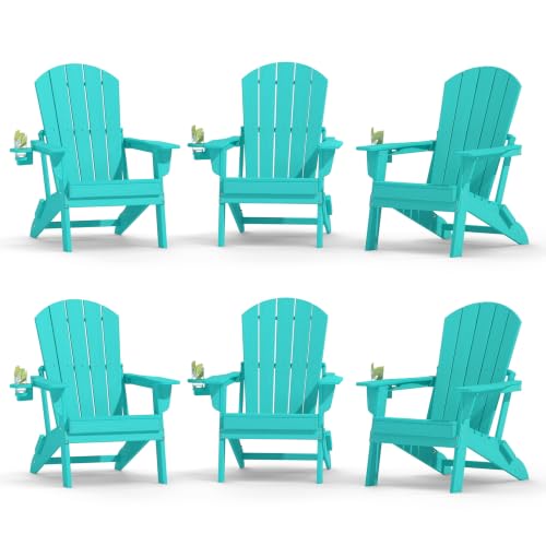 Image of Plawdlik Folding Adirondack Chair Set of 6 with Cup Holder,Wooden Textured ,Heavy All-Weather HDPE Comfortable Set Poolside Backyard Lawn, Aruba Blue