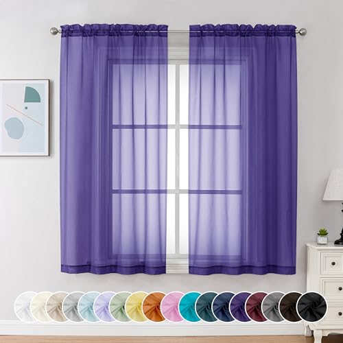 Image of Chyhomenyc Purple Sheer Curtains 54 Inch Long 2 Panels, Light Filtering Rod Pocket Voile Short Curtains Drapes for Living Room Bedroom Small Windows, 42Wx54L Inches