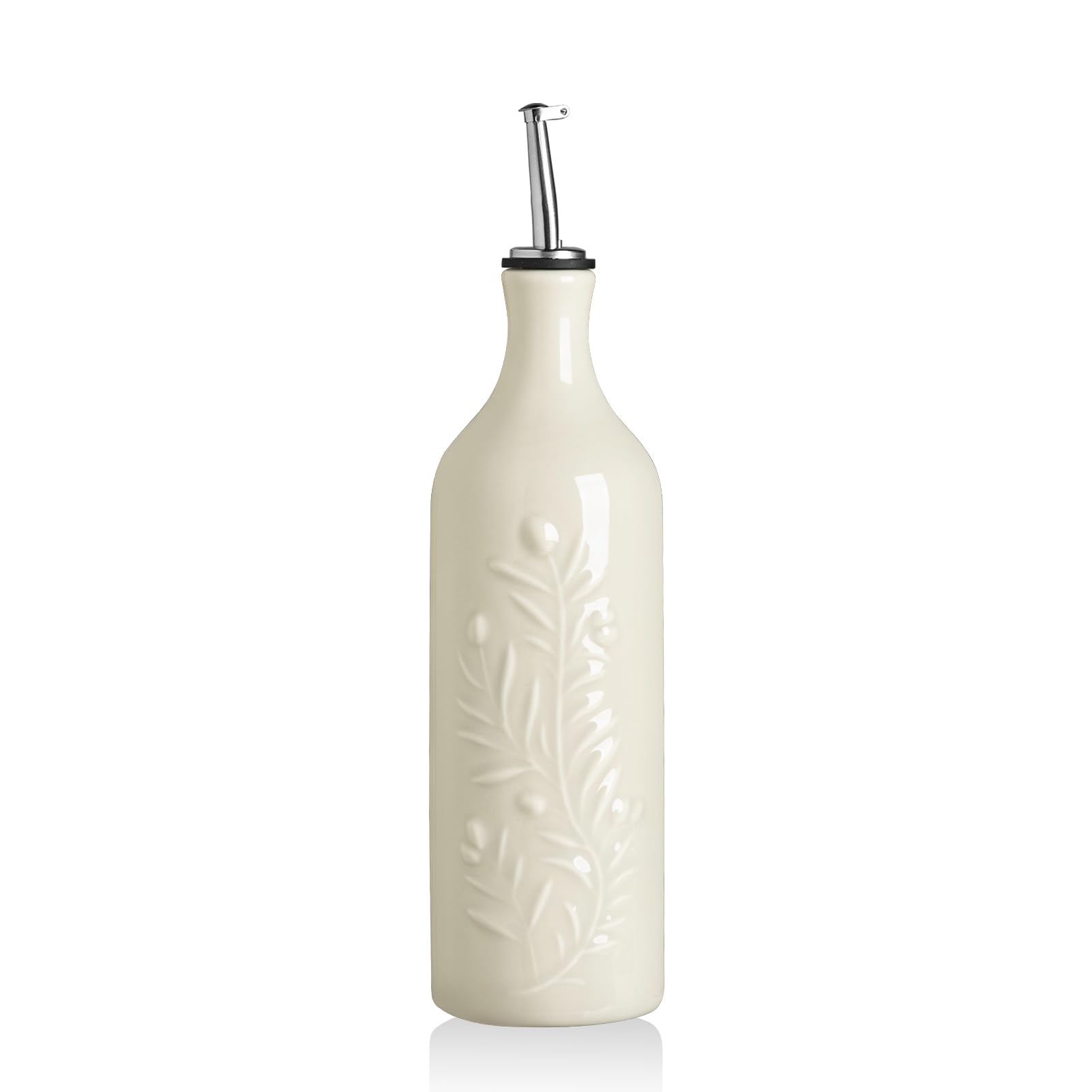 Sweejar Large Olive Oil Dispenser Bottle with Spout, 24 Oz Ceramic Oil Dispenser for Kitchen, Relief Opaque Oil Cruet, Oil Container for Cooking, EVOO, Avocado Oil, Vinegar, Pack of 1 (Beige)