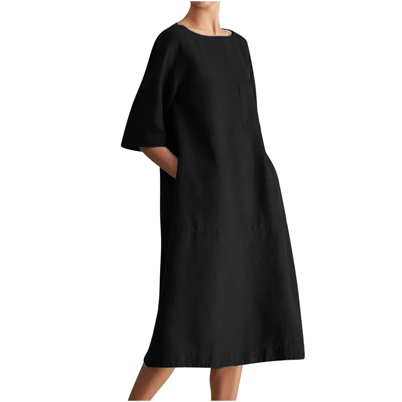 NUSGEAR 2022 Vestidos Largo Mujer, Moda Algodón y Lino Vestidos Fiesta Verano Basic Color sólido Vestido Casual Cuello Redondo Vestidos Elegante cómodo Vestido Manga Corta Vestido de Noche Vestido Playa