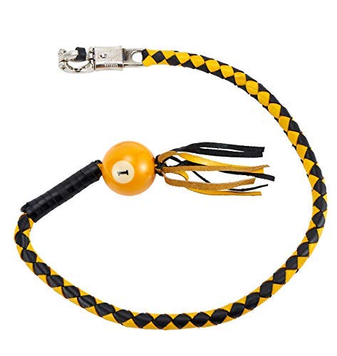 Dream Apparel 42” Leather Motorcycle Get Back Whip for Handlebar Fringed Biker Whip With Pool Ball, Black and Yellow