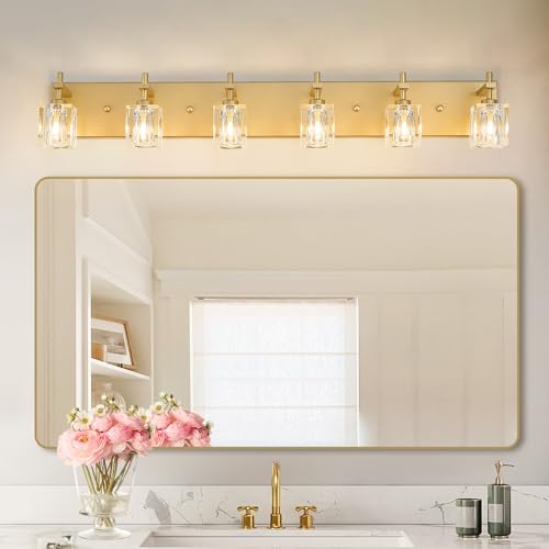 Image of VitaLink 6-Light Crystal Vanity Light, 35.4 inch Long Gold Bathroom Wall Light Over Mirror Crystal Wall Light Fixtures for Bathroom
