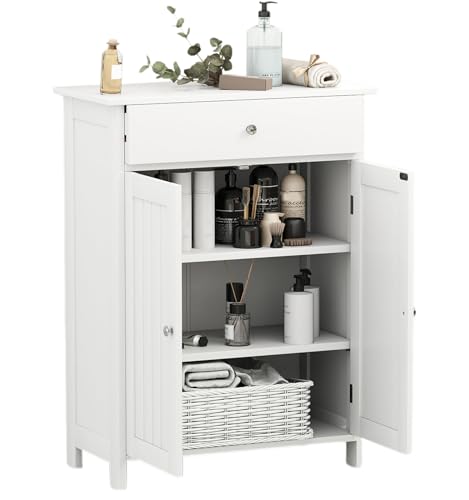LIFEZEAL Mobile da Bagno Salvaspazio, Moderno, Multiuso, con 1 Cassetto 2 Ante, Mobiletto Bagno da Terra, Pavimento, Armadietto AutoPortante, Credenza, Legno, per Soggiorno, Cucina, 60x30x80cm, Bianco