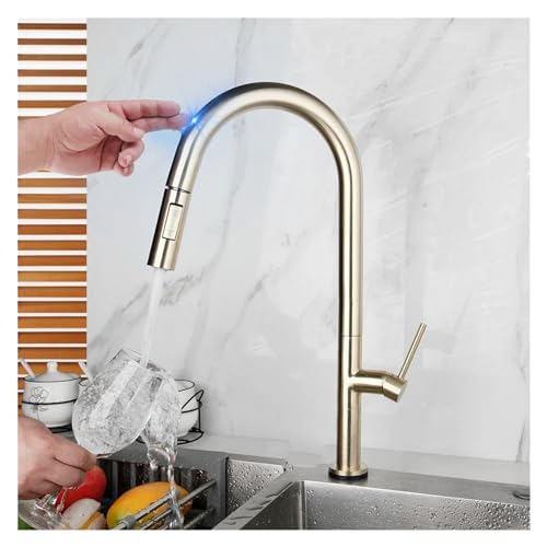 Robinet de cuisine or brossé mitigeur eau chaude froide extractible tactile - 2