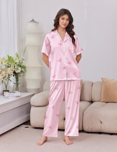 Image of Ekouaer Silk Satin Pajamas for Women Set 2 Piece Short Sleeve Button Up Pjs | Two Side Pockets,Soft Bridesmaid Lounge Set,Bridal Ruffle Sleepwear,Wedding Party,Honeymoon Vacation,Postpartum