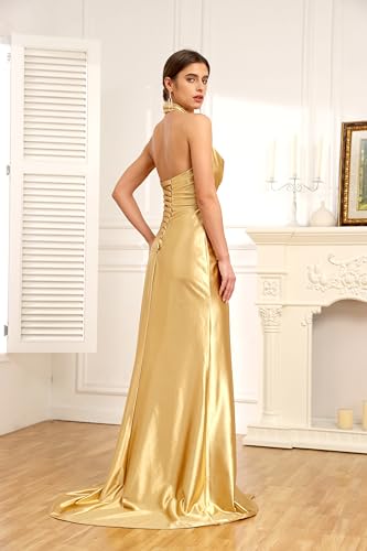 Halter Satin Bridesmaid Dresses Long Mermaid Prom Dress for Women Formal Party Evening Gown with Slit BD13
