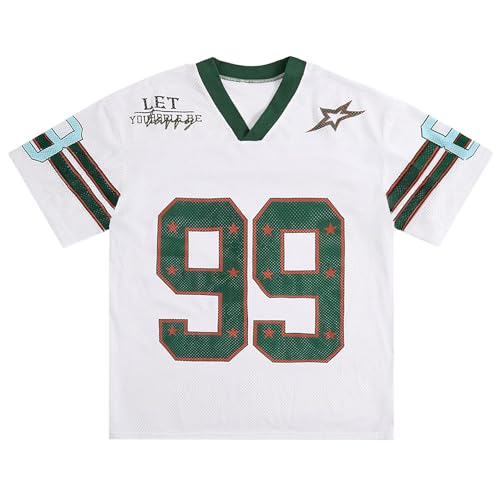 Yimoon Mens Jersey Shirts Oversized Number Graphic Tees Short Sleeve Mesh Tshirts Vintage 90s Y2k Streetwear Tops, White, Large