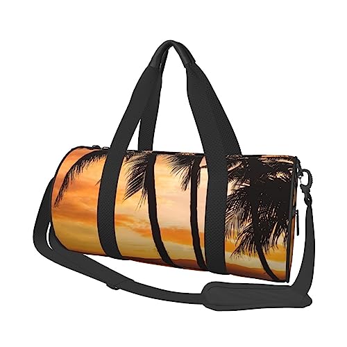 Sac de voyage rond imprimé arbres au coucher de soleil avec finitions noires