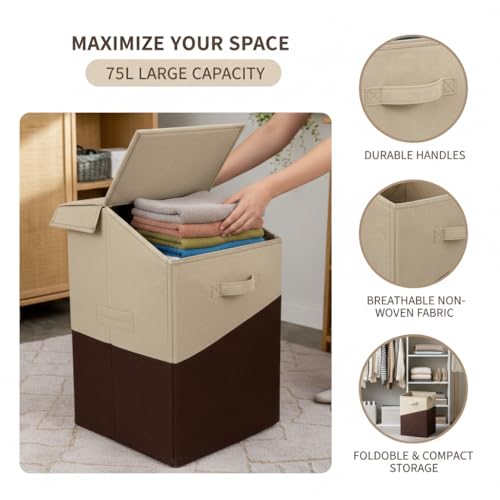 Image of 75L Large Laundry Basket with Lid, Foldable Non-Woven Fabric Clothes Hamper with Durable Handles, Heavy Duty Storage Bag for Bedroom, Bathroom, Nursery & Toys, Space-Saving Organizer (cross brown)
