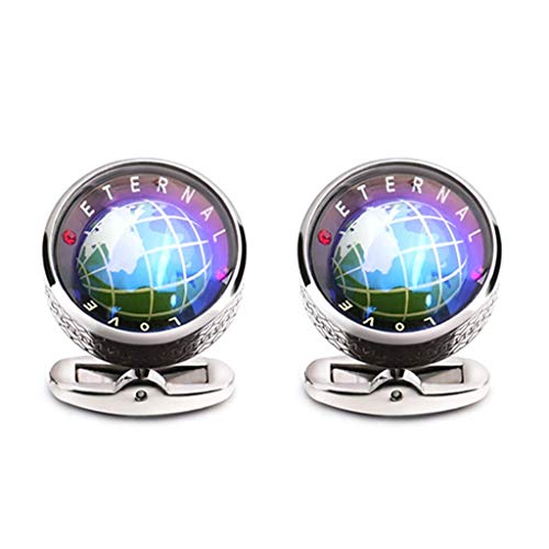 QZH Gemelos de Globo terráqueo de Moda, Gemelos de Mapa del Mundo Redondo Azul clásico para Hombres, joyería, Camisa Francesa, Regalo de Boda de Negocios (Plata)