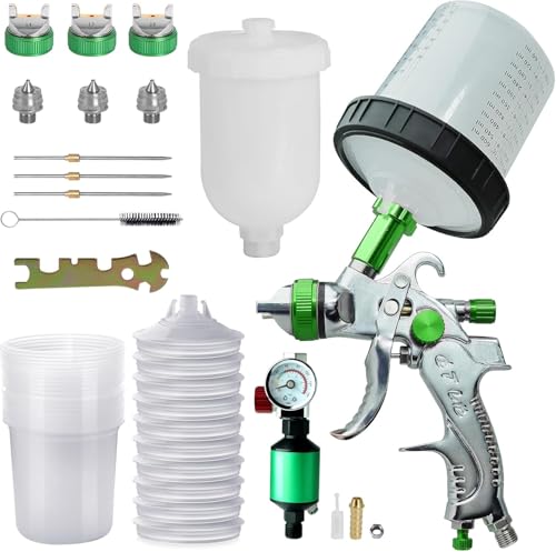 HVLP Lackierpistole Spritzpistole 3 Düsen 1 4mm 1 7mm 2 0mm Profi Farbsprühsystem Spraypistole mit 600 ml Plastikbecher 10 Stück 600ML Einwegbechern Spritzpistole Cups Mit Luftdruckregler (Grün)