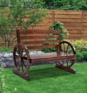 M&H Wooden Wagon Wheel Bench Garden Bench Rustic Outdoor Patio Furniture, Traditional Wooden Garden Bench Outdoor, Wood Garden Benches, Garden Love seat, Rustic Burnt wood Finish bench.