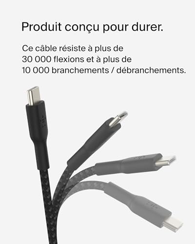 Belkin BoostCharge Câble à gaine tressée USB-C vers USB-C (2 m, pour iPhone 15, 15 Pro, 15 Pro Max, 15 Plus, Galaxy S24, S23, Note10, Note9, Pixel 8, Pixel 7, iPad Pro, etc., noir)