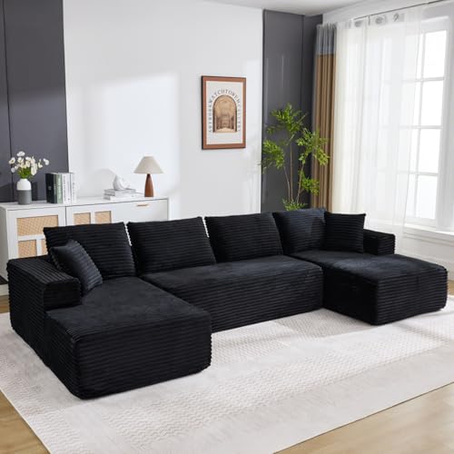 Boneless Couch U Shaped Sectional 130'' Modern Modular Cloud Couch with 2 Chaise Lounge, 4-Seat Corduroy Deep Seat Sofa with Pillows for Living Room,