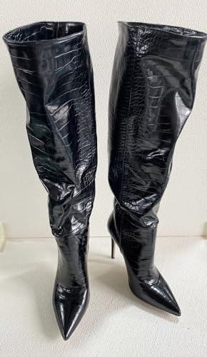 Frankie Hsu Fashion Designer Sexy Women Big Large Size Black Faux Fur Lined Crocodile Patent Leather Stiletto Knee High Heeled Calf Long Boots US4-144