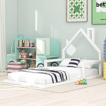 Harper & Bright Designs Twin Size Kids Floor Bed with House-Shaped Headboard, Wood Kids Bed Frame for Girls and Boys, No Box Spring Needed, White