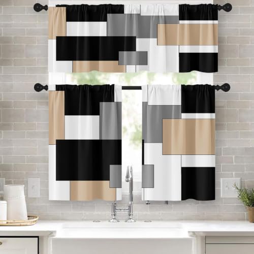 Tayney Kitchen Curtains Sets for Windows, 52x36 Inch, 3 Pack, Beige Black
