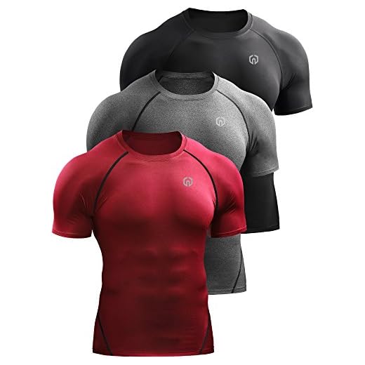 NELEUS Men's 3 Pack Compression Baselayer Athletic Workout T Shirts,5022,Black,Grey,Red,US L,EU XL