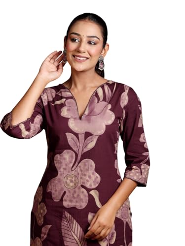 Image of Rimeline Women's Cotton Floral Printed Kurta with Notch Neck Detail | Straight Fit Ethnic Wear for Office, Casual & Everyday Styling