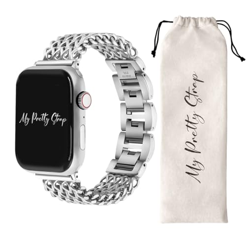 My Pretty Strap Mermaid Band Compatible with Apple WATCH SE Series 8 7 6 5 4 3 2 1, 38/40/41mm or 42/44/45/49mm, Stainless Steel Metal Gold for Women (38MM / 40MM / 41MM, Silver Gem)
