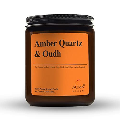 Image of AuraDecor Scented Jar Candle | Handpoured Soy Wax Candle with Long Lasting Burn Time | Premium Amber Jar Aromatherapy Candle | Ideal Gift for Home & Decor (Extra Large, Amber Quartz & Oudh)