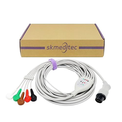 skmeditec 11FT 5 Leads Snap AHA Cable Compatible with Nihon Kohden, TPU Direct Connect Cord with 8-Pin Monitor Connector