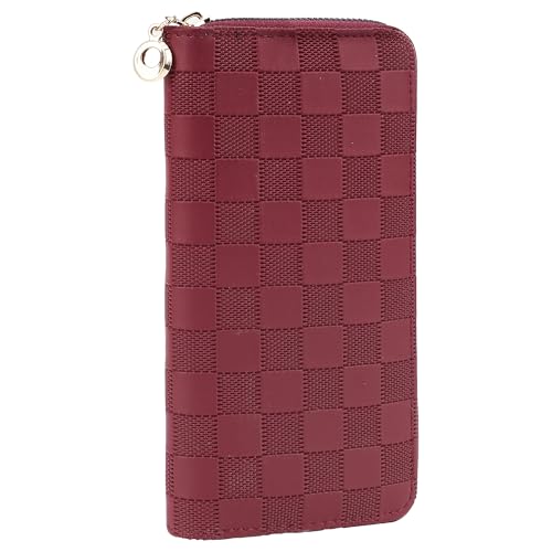 Checkered Zip-Around Wallet for Women, Faux Leather Credit Card and Cash Holder, Long Clutch Phone Purse, Red