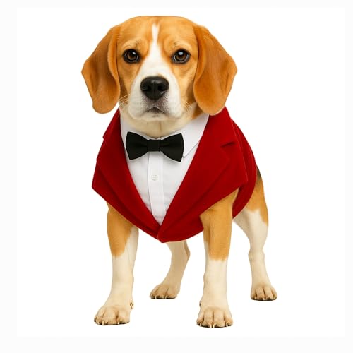 Image of Buraq Premium Dog Wedding Suit, Elegant Tuxedo with Bow Tie & Bandana, Comfortable, Washable Outfit for Dogs (S - Red)