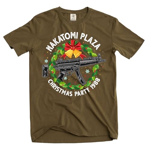 Silk Road Tees Mens Nakatomi Plaza T-Shirt Christmas Party 1988 Tee Popular Culture Tshirt (Large Military Green)