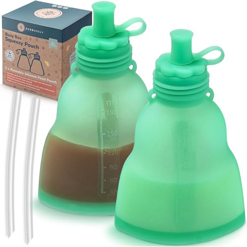 Image of Everusely Reusable Baby Food Pouches for Toddlers - 2 Pack, 6 oz/180 ml, Green - Squeezable Silicone Food Pouch - Refillable, Leakproof, Spill Proof Puree Containers - BPA Free - Dishwasher Safe