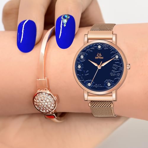 Image of Septem 147-BlackMagnet Belt Diamond Studded Flower Design Analog Wrist Watch for Girls