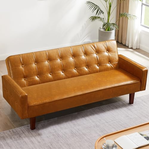 Image of Faux Leather Couch, Mid Century Modern Sofa with Memory Foam, Comfy 3 Seater Couch for Small Spaces, Living Room, Office, Brown