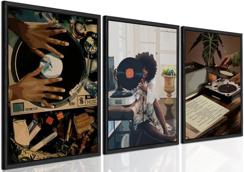 Black Girl Wall Art Decor Modern Black Woman Painting Prints, Set of 3 African American Music Record Player Poster Canvas Artwork for Bedroom Living Room 16x24 inch PS Framed by YFvrPt - Used condition - US$85.88