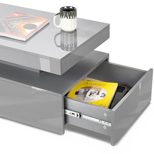 Blisswood High Gloss Coffee Table for Living Room, Rectangle Centre Table with 2 Drawer Storage, Modern Wooden Tea Table with LED RGB Lights for Home, Office & Living Room Furniture - Grey - Image 7