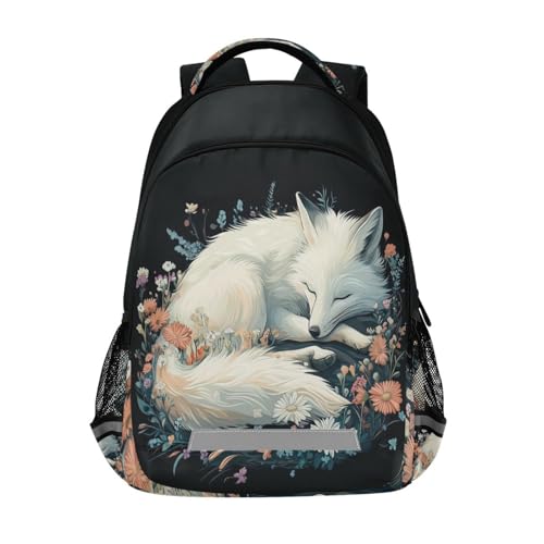 White Fox Colorful Flowers Backpack for Boys Girls Elementary School Bag Kids Travel Bags Casual Rucksack Laptop Bookbag