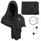 Post Apocalyptic Hooded Shawl Scarf Medieval Renaissance Cowl Cloak Cape Tattered Viking Wizard Costume for Men Women (Black)