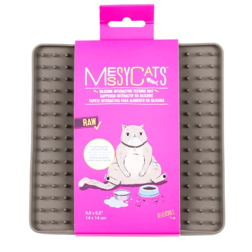 Messy Mutts & Cats Silicone Reversible Interactive Feeding And Licking Mat | 5.5” X 5.5” | Slow Feeder For Boredom & Anxiety | Lick Pad For Cats & Small Dogs | Grey #TOP3