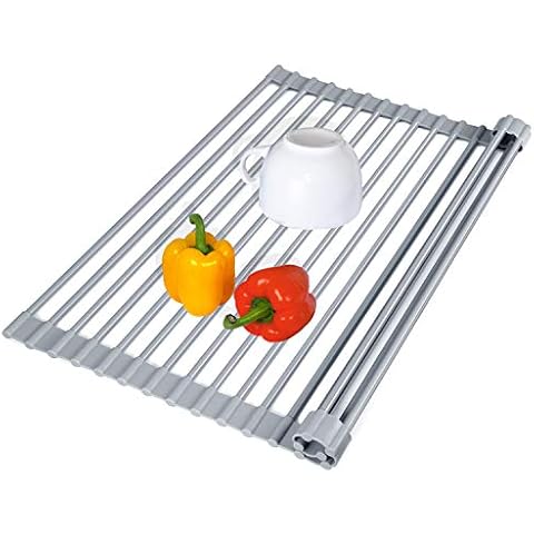 TBMax Roll Up Dish Drying Rack, Food-grade Silicone-Coated Stainless Steel Over the Sink Rack, Heavy Duty Roll Up Sink Drying Rack Cover